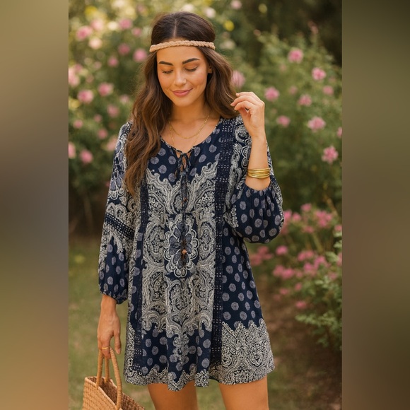Altard State Boho Tunic Dress Sz S Navy Blue 
Spring Floral Flowy Hippie Mini - Picture 2 of 16